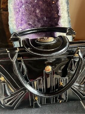 Black Patent Women's Satchel Bag with Gold Hardware